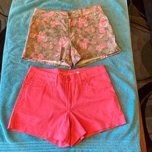Faded Glory denim shorts. Size 12. Olive green with pink flowers, bright pink.